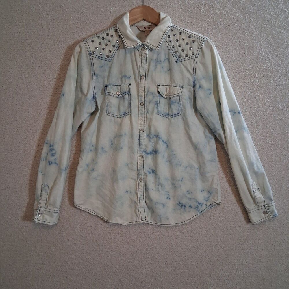 100% Cotton Pearl Snap Acid Wash Sz L Shirt Studded Punk Rocker Country Western